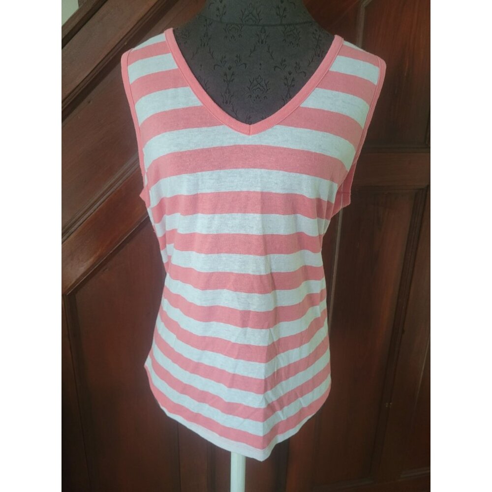 Talbots Plus 1X Coral & White Striped V-Neck Sleeveless Linen Top